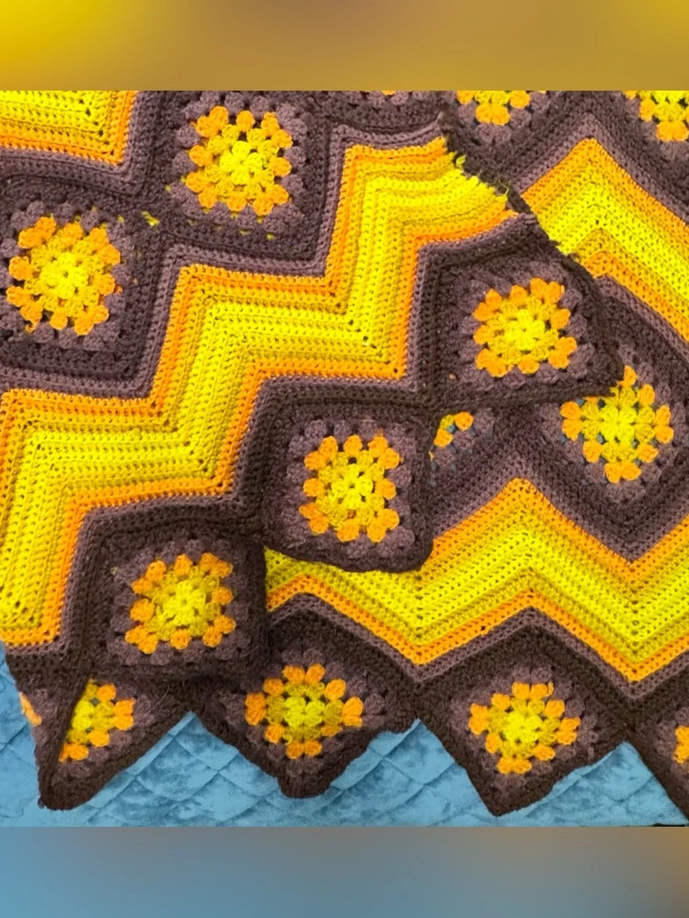 VTG 70s Throw Handmade Crochet Chevron Granny Square Yellow Brown Orange 52